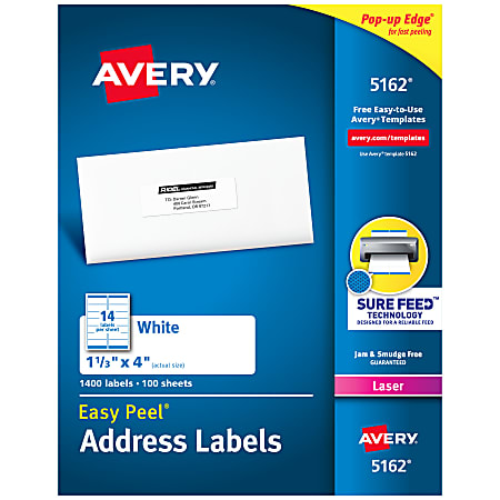 Avery® Easy Peel® Address Labels With Sure Feed® Technology, 5162, Rectangle, 1-1/3" x 4", Matte White, Box Of 1,400