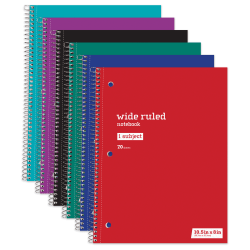 Just Basics® Wirebound Notebook, 8" x 10-1/2", Wide Ruled, 70 Sheets, Assorted Colors, Pack Of 6