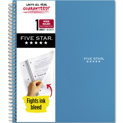 Five Star® Wire-Bound Notebook, 8" x 10-1/2", 1 Subject, Wide Ruled, 100 Sheets, Tidewater Blue